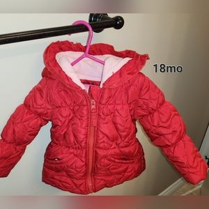 18mo winter jacket with hood. Red exterior, soft pink interior.
